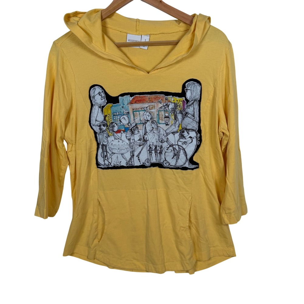 Weekends by Chicos Hoodie Womens 1 Yellow Art Graphic 3/4 Sleeve Kangaroo Pocket